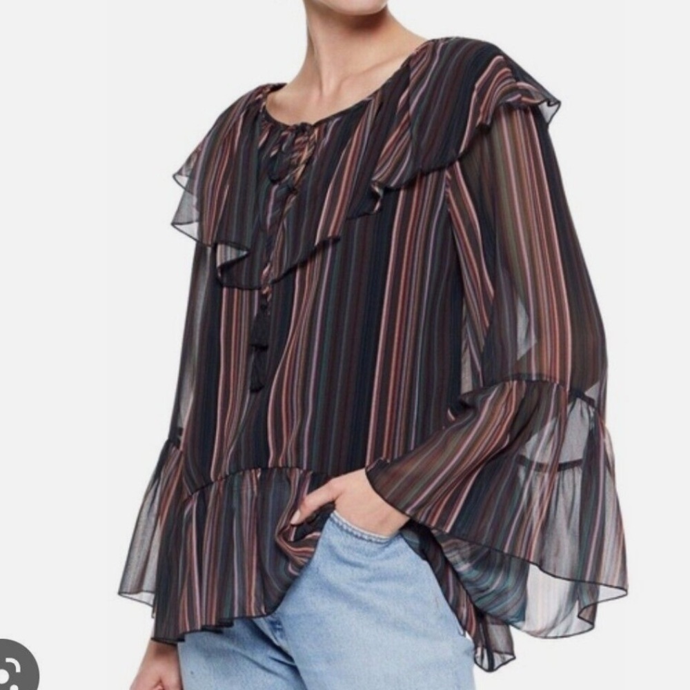 Rebecca Minkoff Patti Striped Multicolor Ruffle Bell Sleeve Tassel Blouse Small
